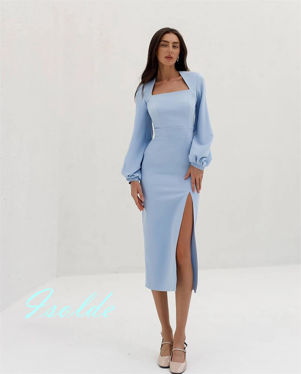 Robe de soirée en Jersey bleu moderne personnalisée, sans bretelles, manches longues, robes de célébrité, fermeture éclair au dos, robes de soirée