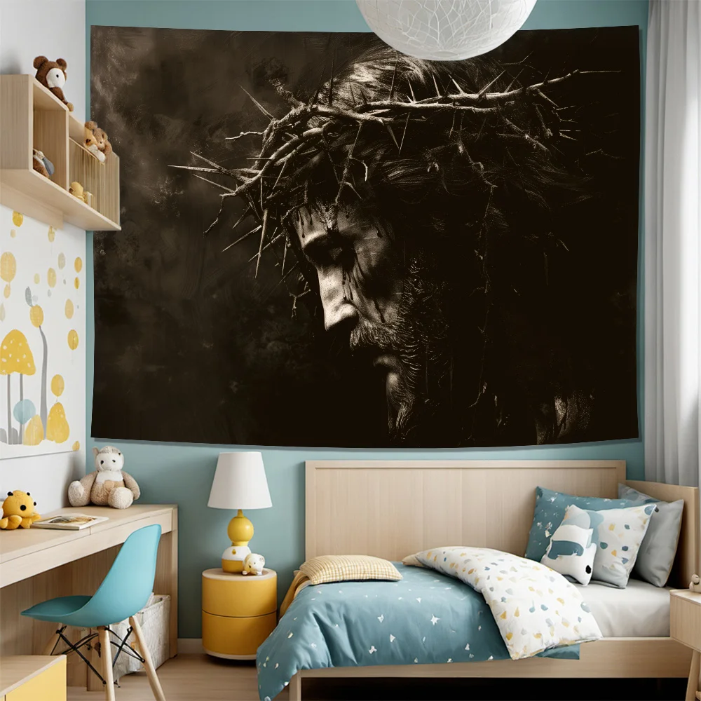 VIKAMA Religious Art Tapestry Jesus Thorn Crown Retro Vintage Old Living Room Background Wall Room Decoration