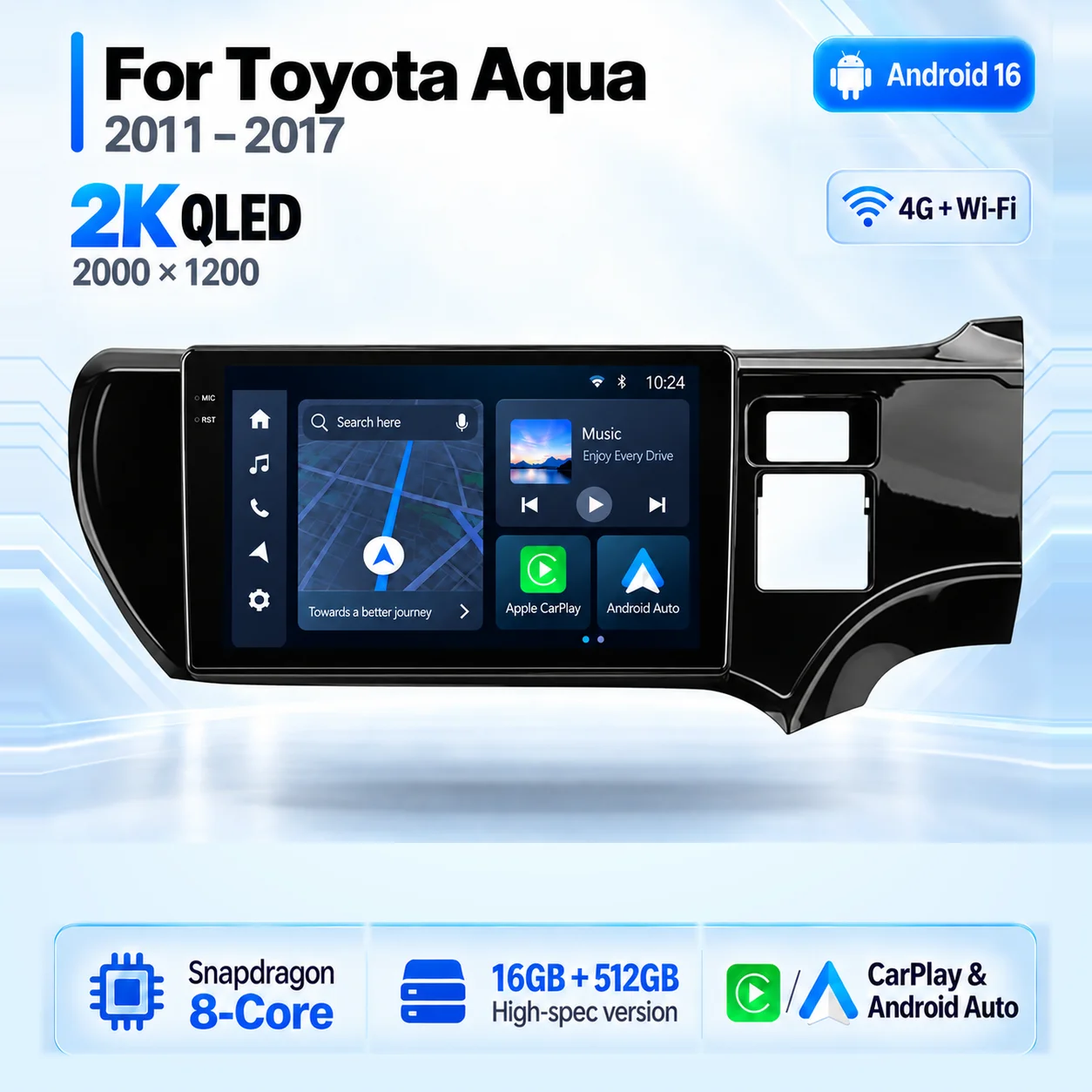 Android 16 Carplay Auto 2K Screen Car Radio Multimedia Player For Toyota Aqua 2011 - 2017 Autoradio GPS Stereo 2 Din Head Unit