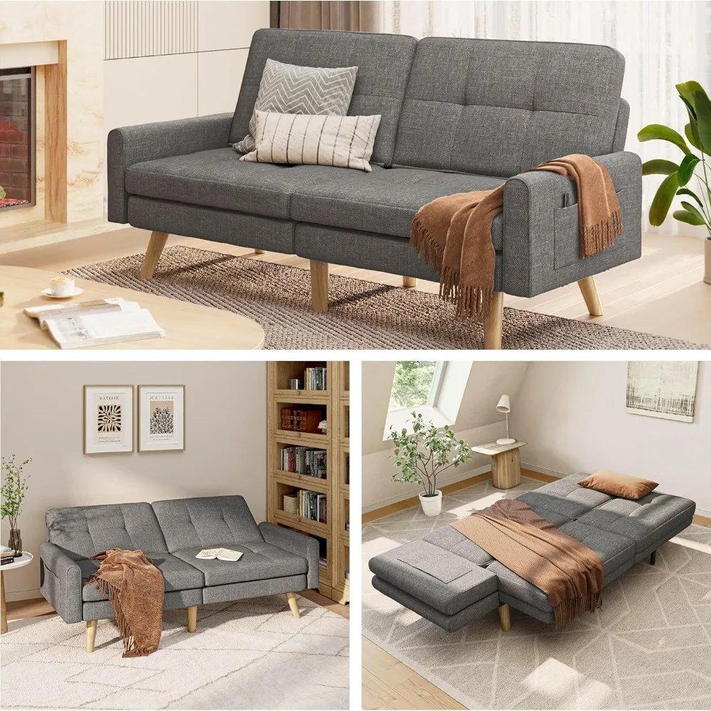 

Futon Sofa Bed, 70.9" Futon Couch with Adjustable Backrest, Removable Armrest for Extended Length, Mid Century Modern Loveseat
