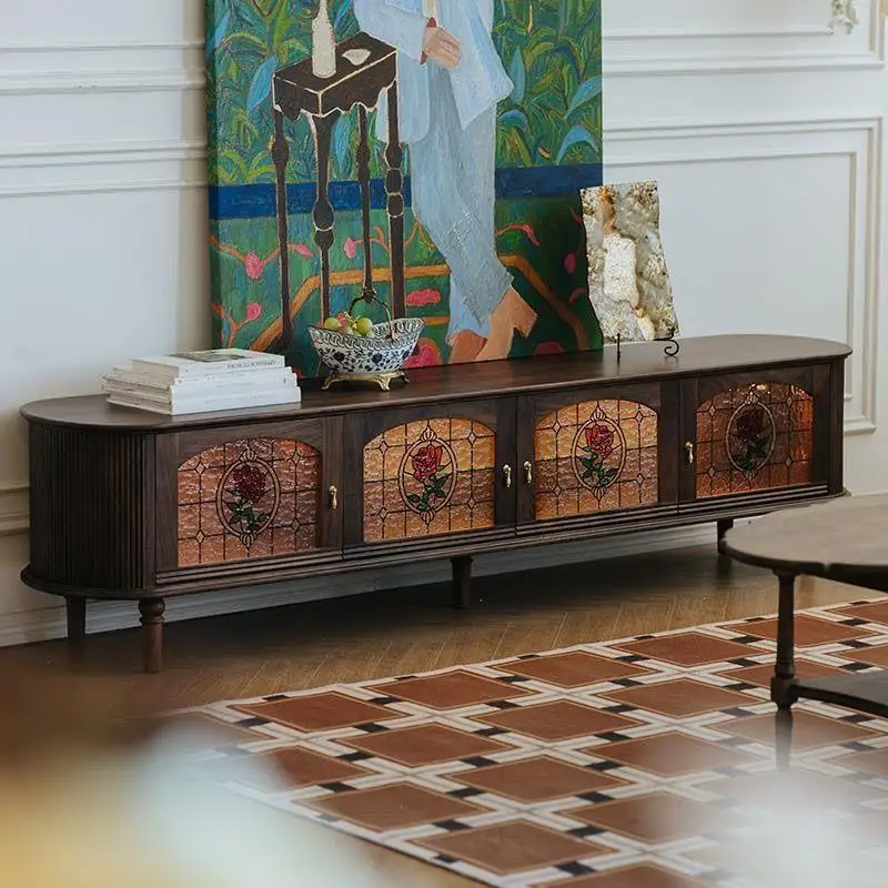 Medieval French style black walnut solid wood TV cabinet Nordic retro living room home stained glass TV cabinet