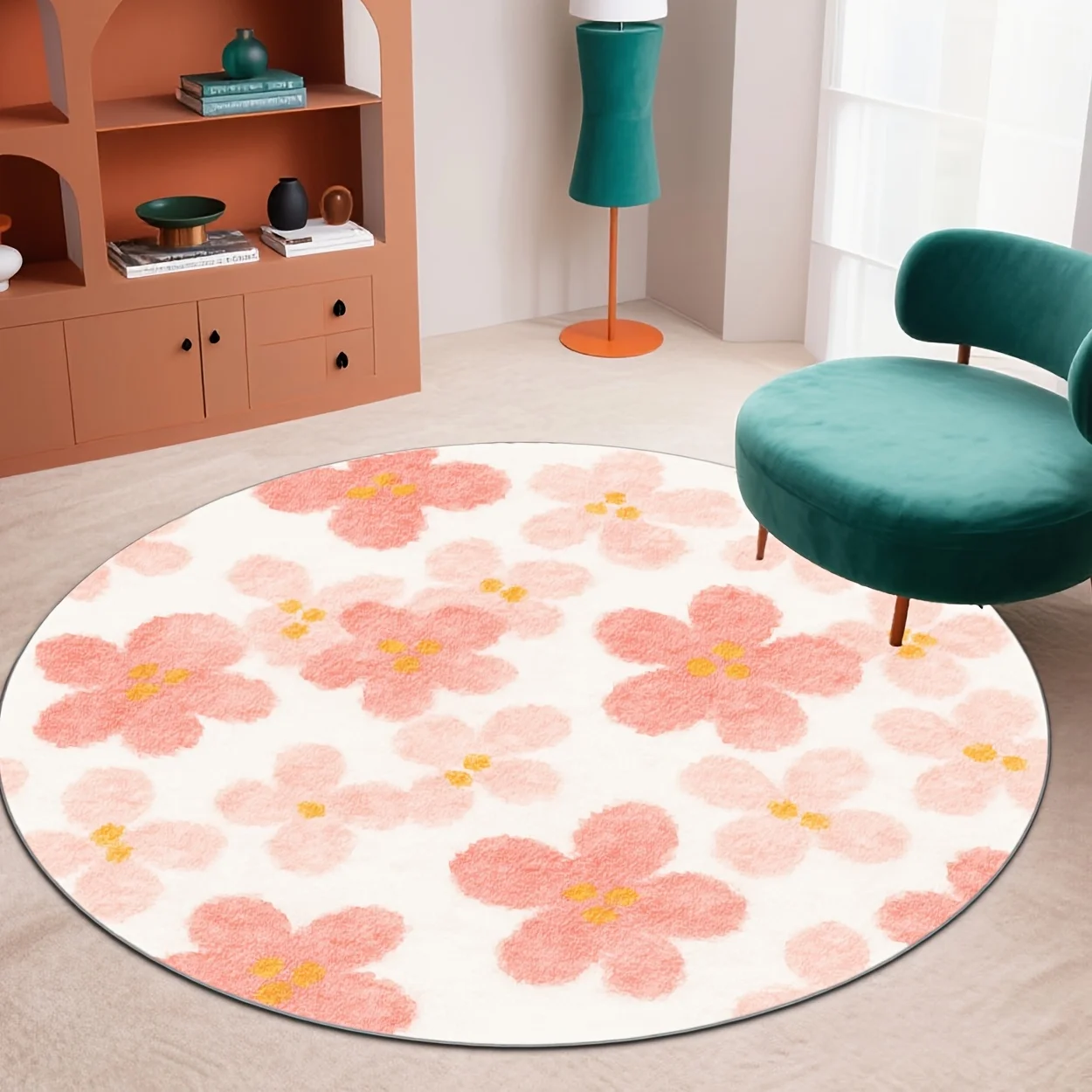 Elegant White Pink Yellow Blossom Floral Round Commercial Floor Rug Welcome Decor For Bedroom Living Room