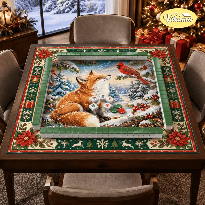 VIKAMA Christmas Poinsettia Fox and Cardinal Mahjong Table Mat, Reindeer-Patterned Non-Slip Square Game Table Mat, Home Decor