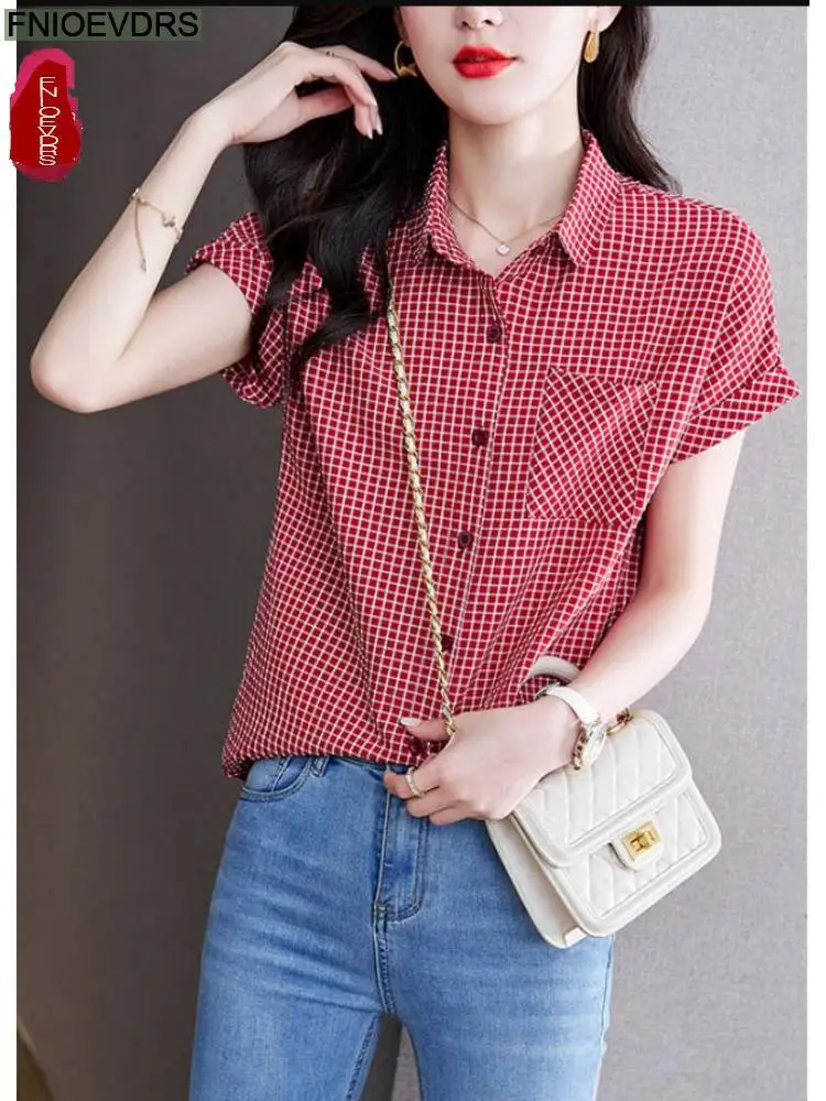 2022 Summer Women Short Sleeve Casual Loose Lazy Red Plaid Shirts Single-Breasted Button Office Lady Tops Blusas