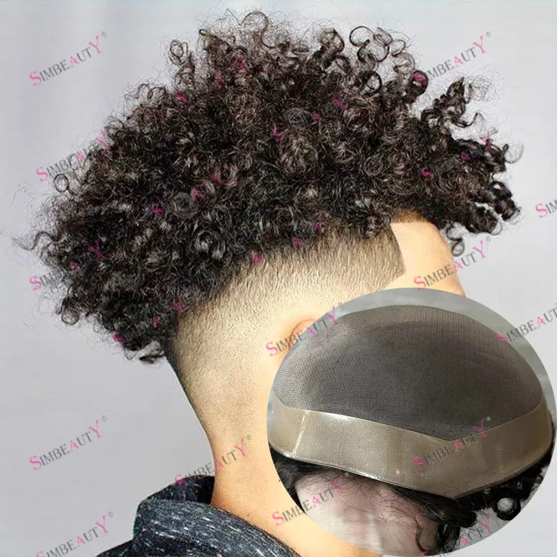 Süper Dayanıklı Ince Mono PU Taban Peruk Afro Siyah Adam Kinky Kıvırcık 8mm İnsan Saç Protezi Kılcal Sistem Doğal Saç Çizgisi
