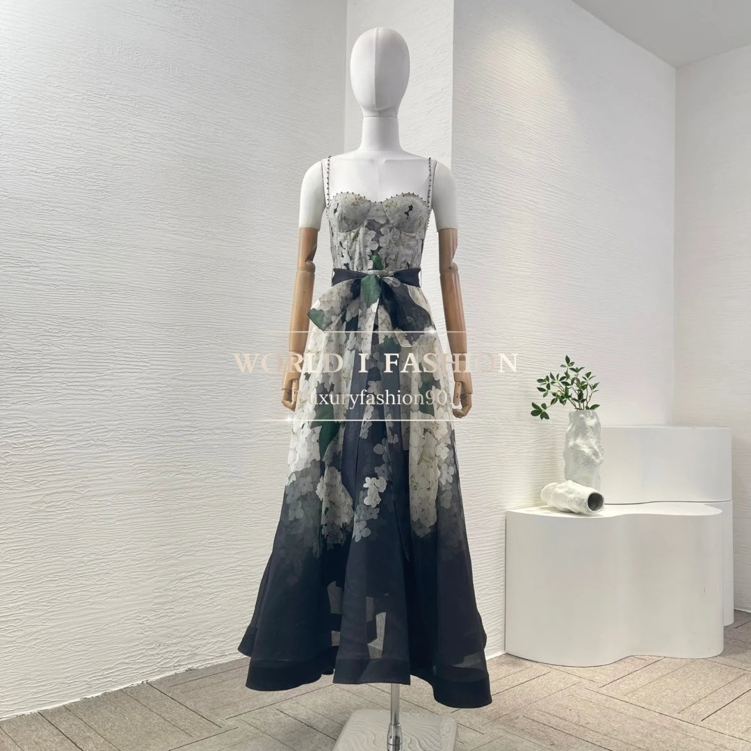 

2025 High Quality Black Flowers Print Sleeveless Sling Beading Midi Dress