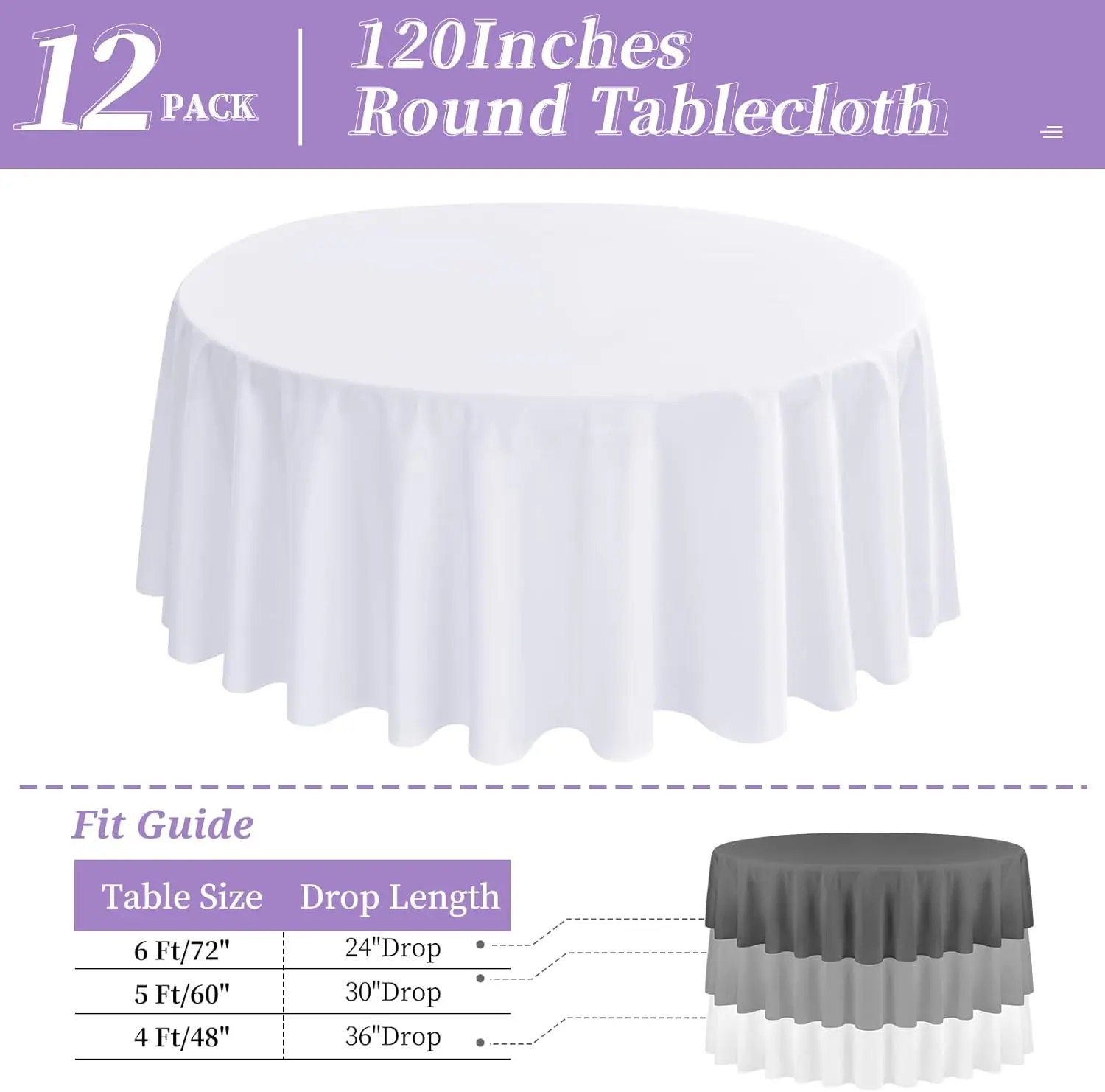 12 Pack White Round Tablecloth 120 Inch - Polyester Table Cloth for Round Table, Premium Circle Tablecloth Table Linens