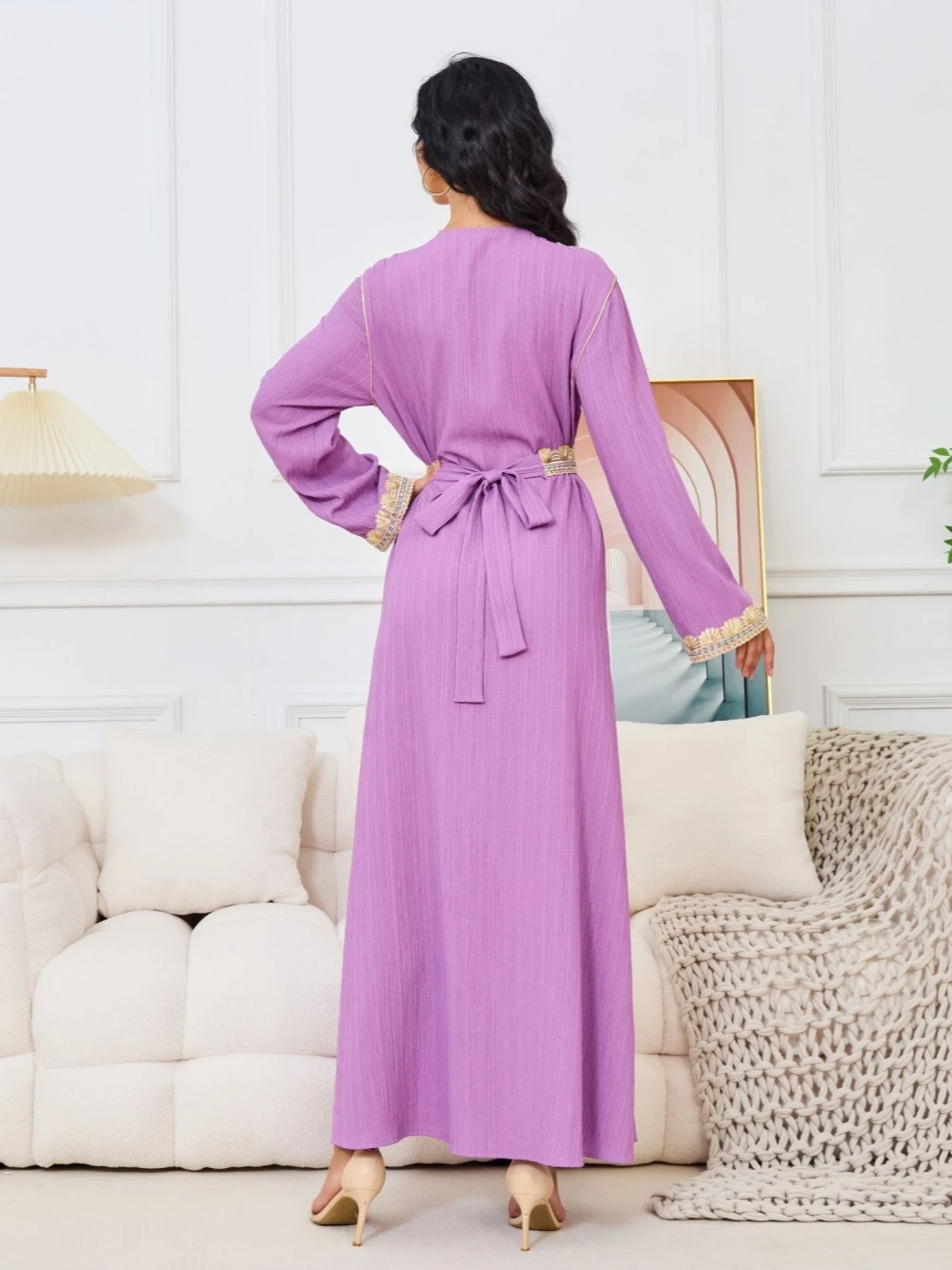 Violet Elegant Simple V Neck Evening Dress Women Muslim A Line Prom Gown Casual Customized Fashion Dubai Arabic Long Sleeves