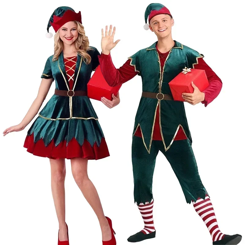 Christmas Green Elf Fancy Costume Xmas Deluxe Cosplay Santa Claus Clothes New Year Xmas Women Men Carnival Party Dress Suit Gift