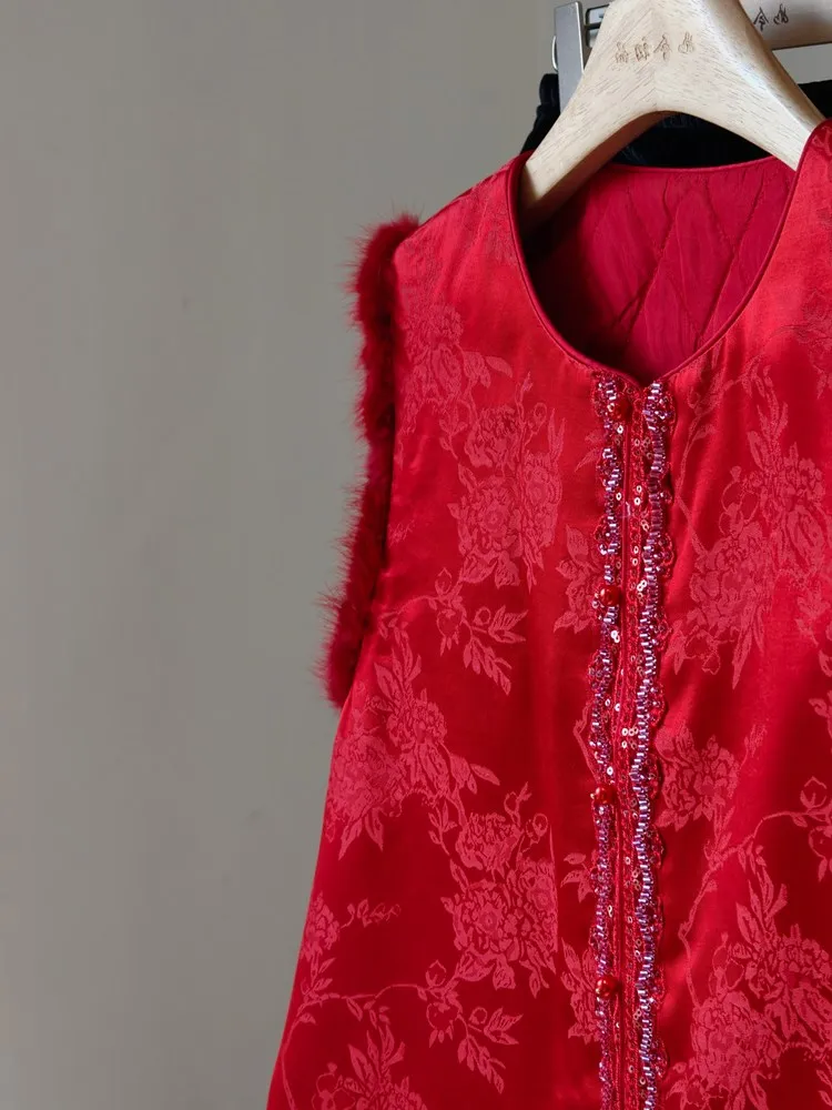 Red New Year Women's Outerwear Cotton Vest Chinese Sle Autumn Winter New Faion High-End Sensation Streetwear Polyester