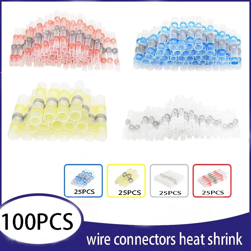 100pcs Wire Connectors Electrical Solder Seal Heat Shrink Sleeve Waterproof Insulated Electrical Butt Splice Connector Terminals