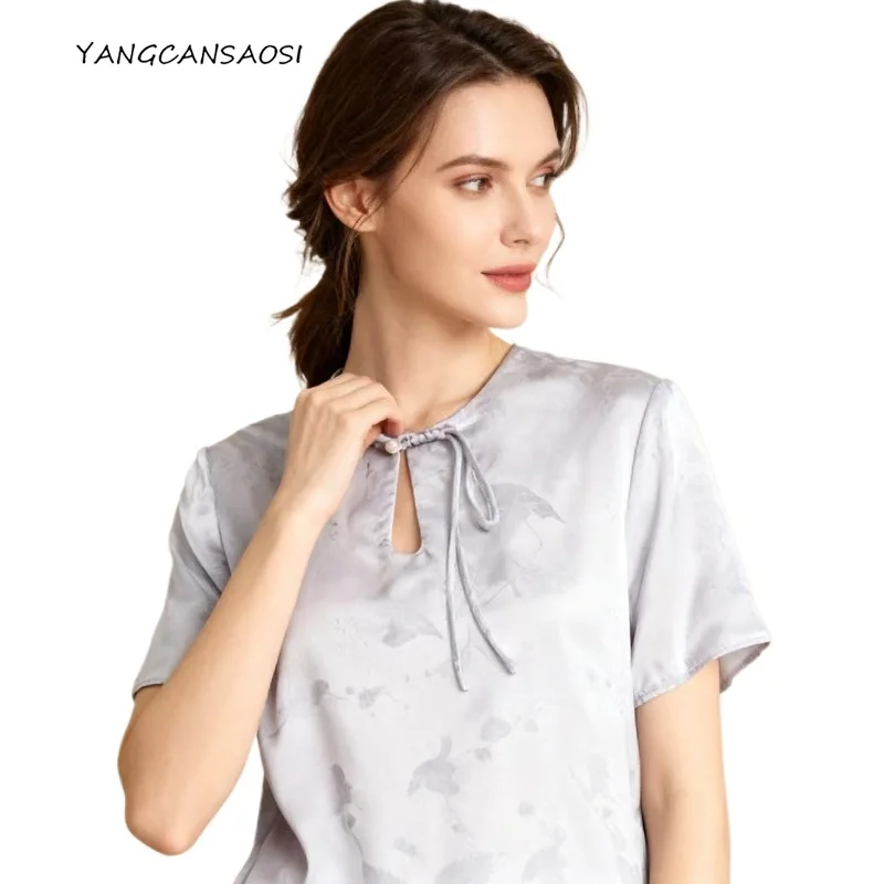

Women's Summer Clothing 100% Natural Mulberry Silk Jacquard Satin Silver Gray Round Neck Retro Short Sleeved Casual T-shirt