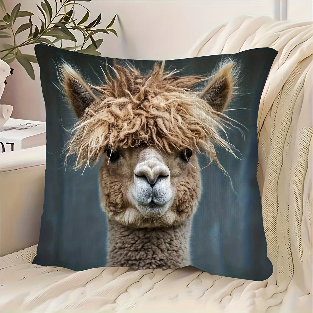 Funny Alpaca Face Pillow Case, Cute Animal Cushion Cover for Sofa Bedroom, Quirky Pet Home Decor Throw Pillowcase