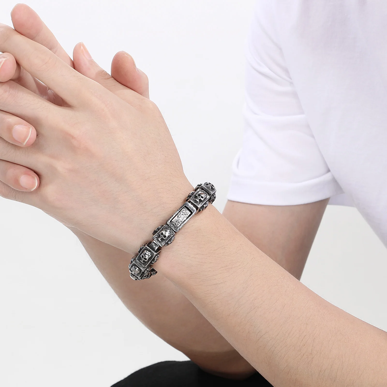 Fongten Men's Skeleton Bracelet Stainless Steel Creative Gentleman Chain Charm Viking Fashion Jewelry Halloween Gifts Wholesale