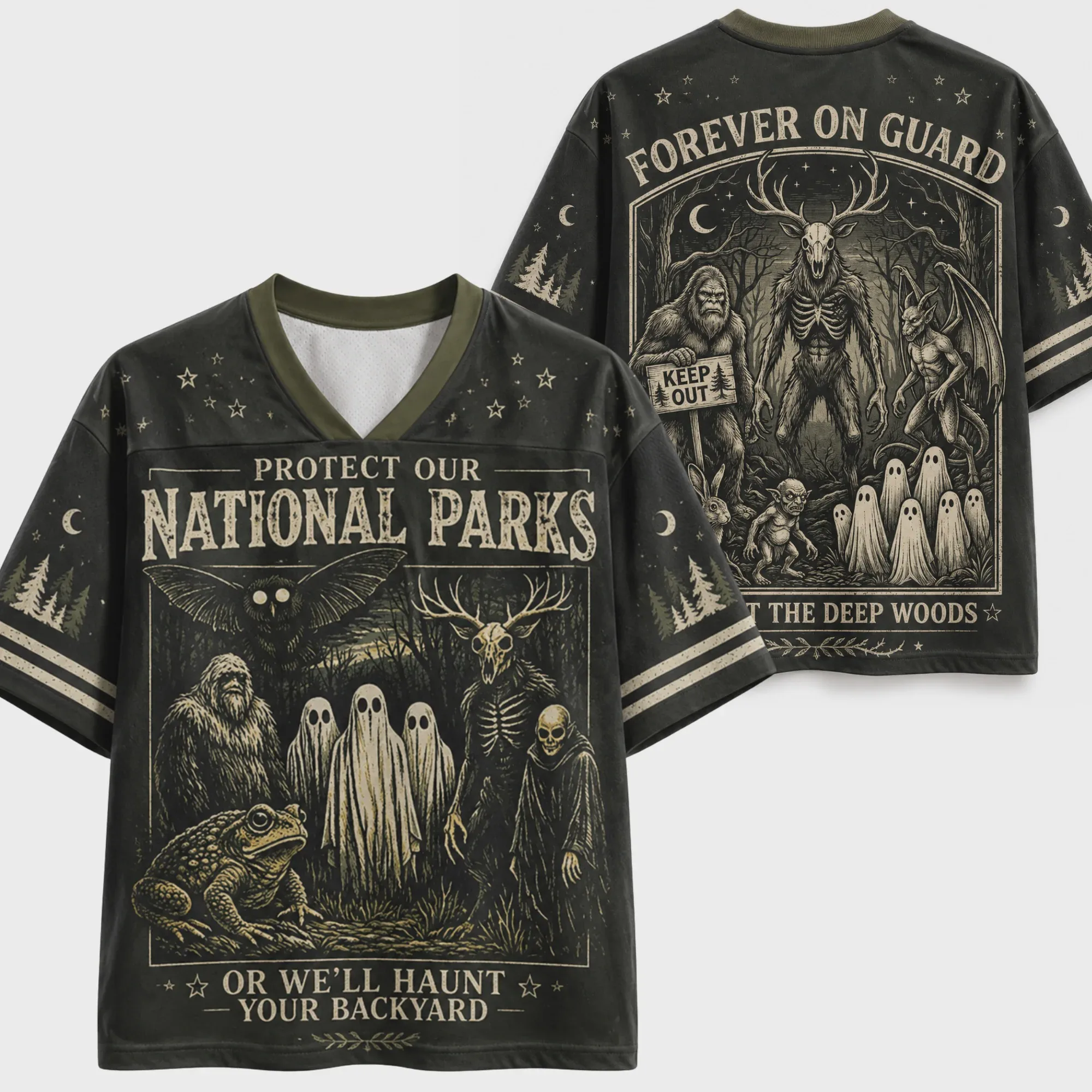 Vintage Cryptid Forest Creatures Print Unisex Short Sleeve Tee Gothic Graphic Loose Tee for Halloween Party Casual Daily Wear