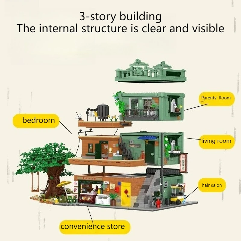 Casa clásica creativa, modelo de bloques de construcción, juego de juguetes, vista de calle, tienda, dormitorio, barbería, ciudad, amigos, ladrillos, juguetes para niñas