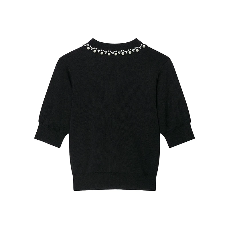 YENKYE Women Black Knit Top Faux  Pearl Beaded Peter Pan Collar Puff Short Sleeve Slim Fit Elegant Pullover Sweater Crop Jumper