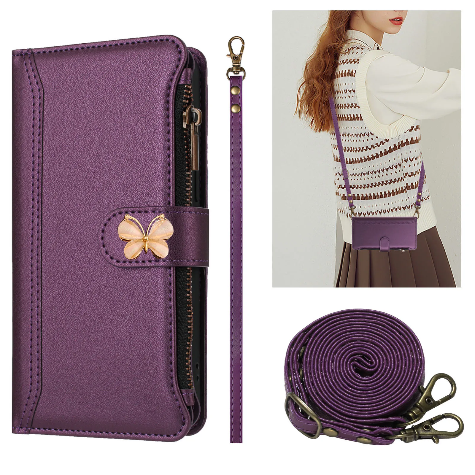 

Mukti 9 Cards Wallet Case For Samsung Galaxy S25 Edge S24 Ultra S23 Plus S22 Butterfly Crossbody Leather Strap Book Flip Cover