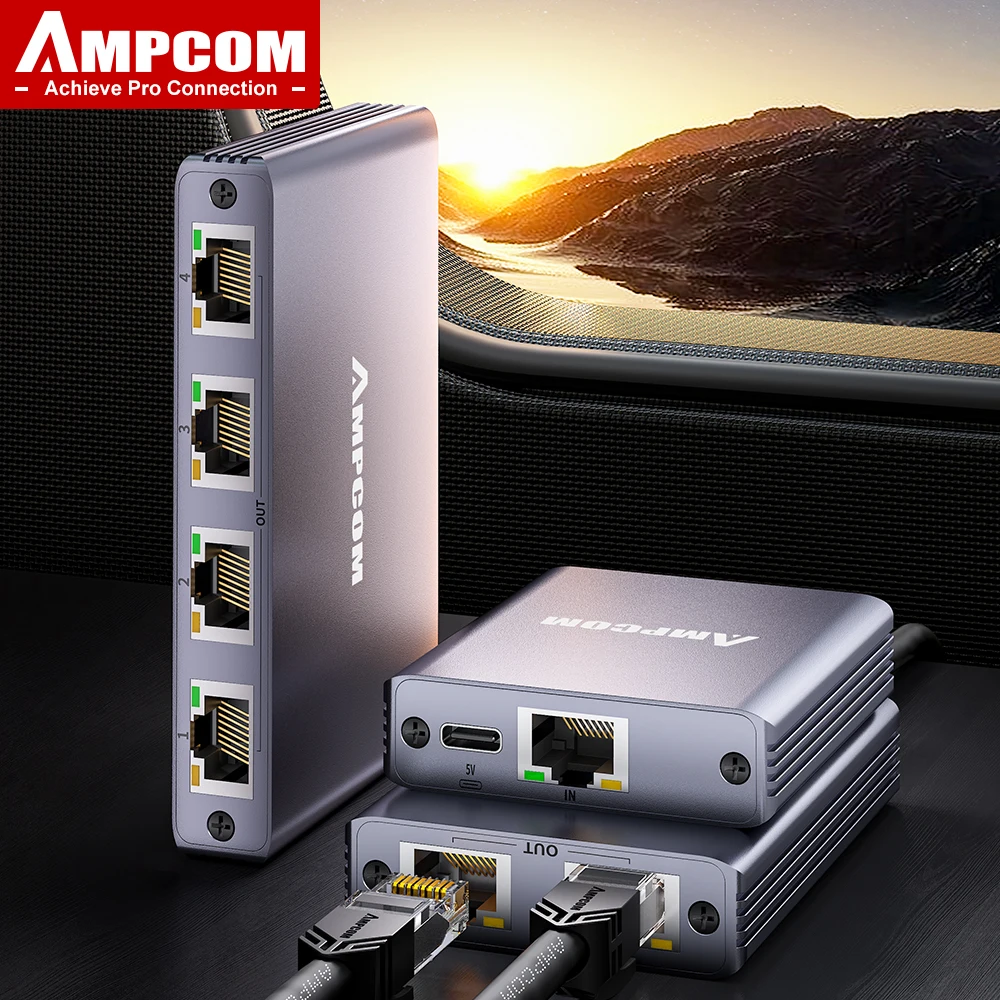

AMPCOM Gigabit RJ45 Network Splitter 1000Mbps Plug & Play 1 to 2/1 to 4 Desktop Full Aluminum Case for PC Laptop Router TV Box