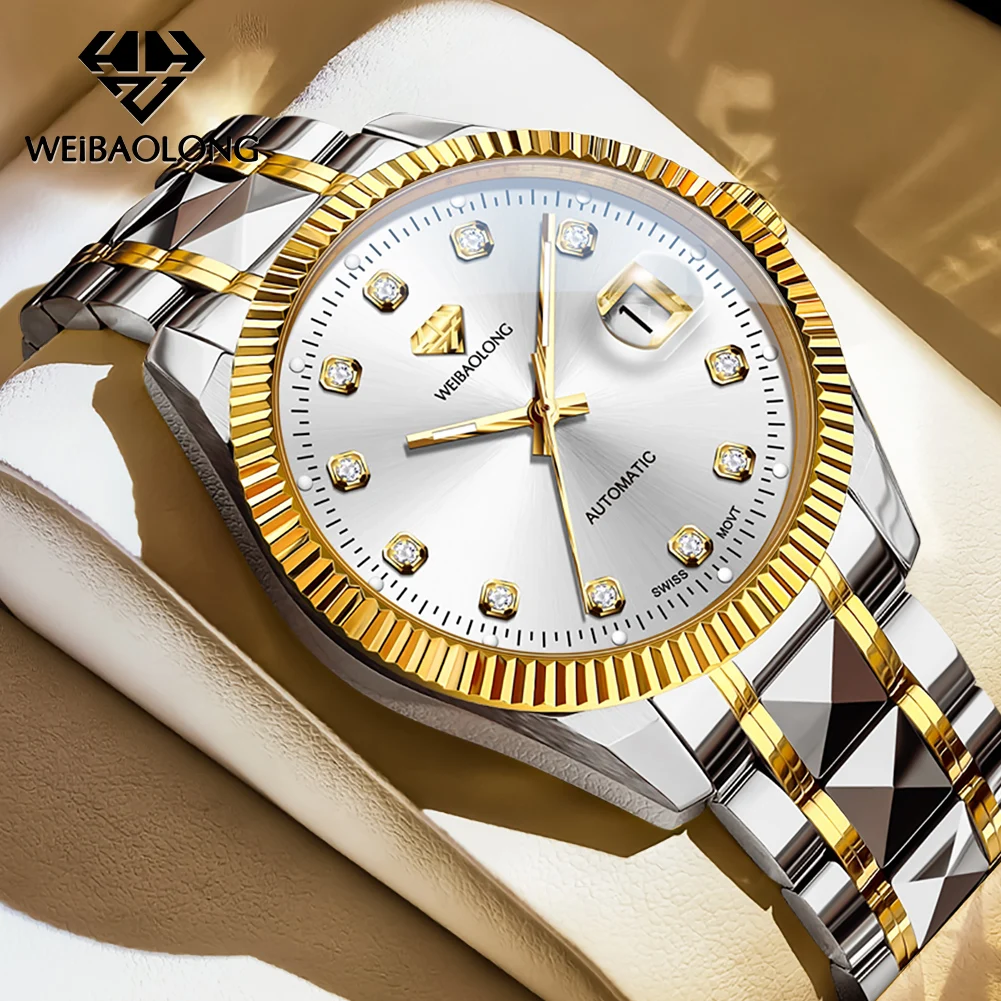 ساعة WEIBAOLONG سويسرية للرجال من الماس الحقيقي ساعات مضيئة مقاومة للماء عميقة للرجال ساعة ميكانيكية أوتوماتيكية فاخرة