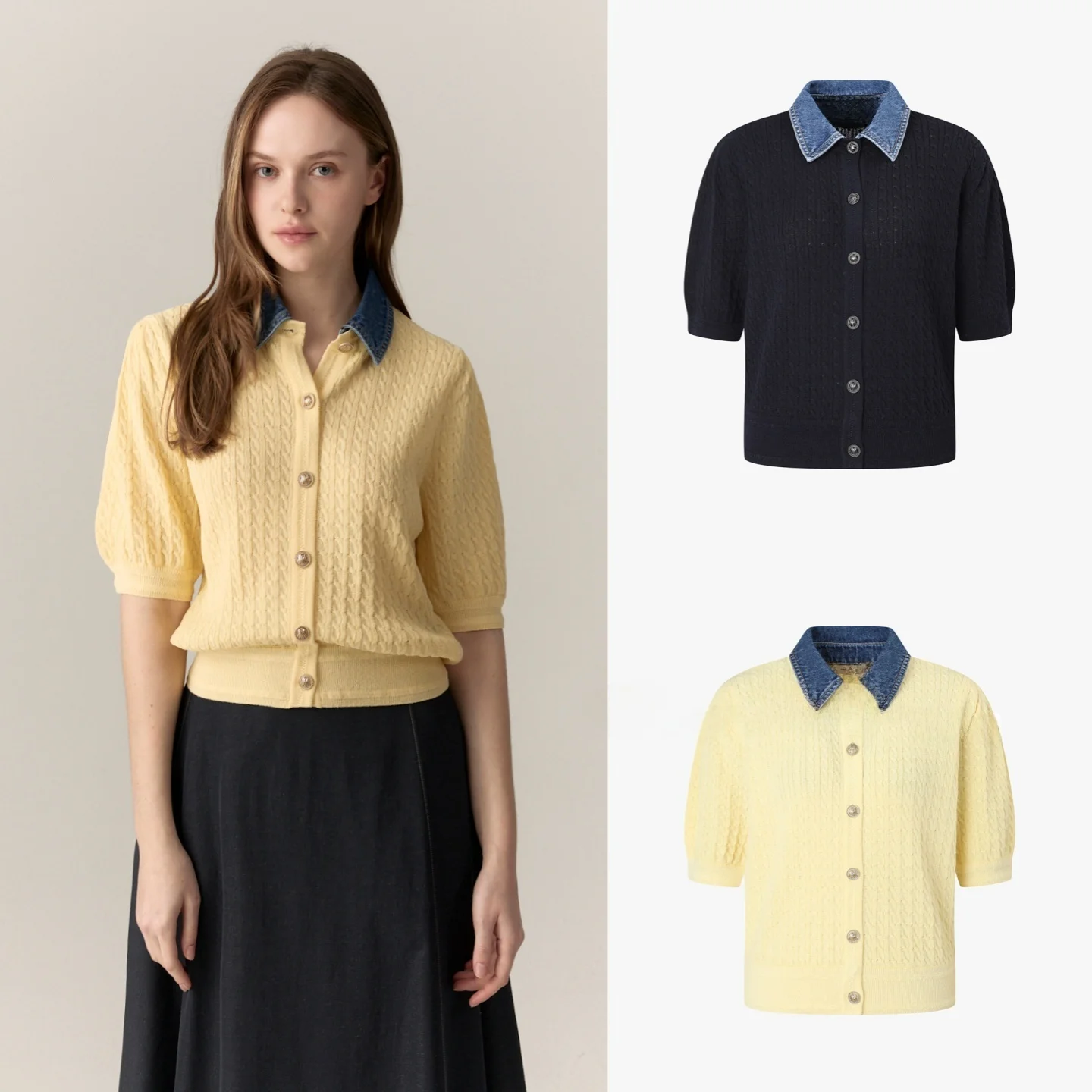 

Commuter Style Removable Button Knit Short Sleeve Denim Collar Sweater Korean Version QPP Brand Women's Cardigan
