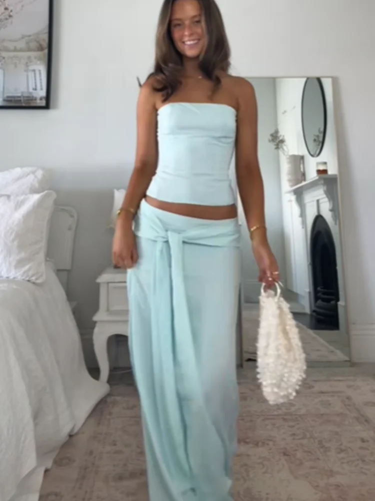 2026 NEW Summer Vacation Party Lady OutfitSolid Thin Skirts Set for Women Lace Up Strapless Tight Top Low Waist Straight Skirt