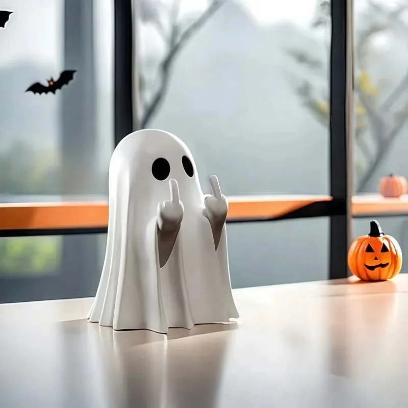 Funny Middle Finger Mini Ghost Resin Statue Cute Spooky Ghost Figurines Halloween Home Desktop Ornaments Small