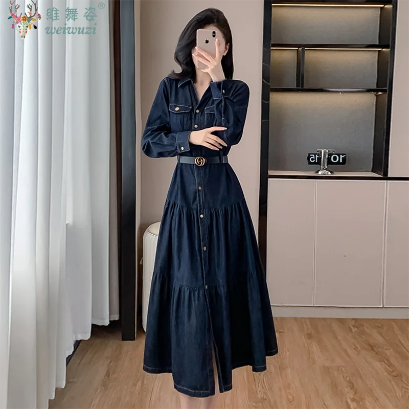 

Элегантное женское джинсовое платье с длинным рукавом, новинка весны, с завышенной талией и поясом, модное джинсовое платье-сарафан в стиле Y2K, повседневный образ