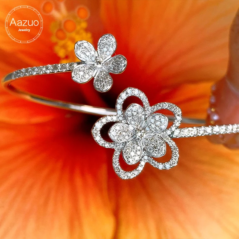 Aazuo Cuff  Bracelet Real 18K White Gold Real Diamond 1.0ct Flowers Bangle For Woman Upscale Trendy Wedding Engagement Party