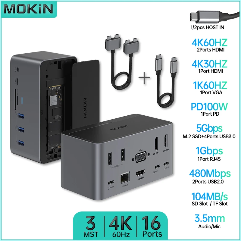 

MOKiN 16 in 1 Docking Station Laptop USB HUB for MacBook Pro Air with USB3.0/2.0 VGA HDMI 4K60Hz RJ45 SD/TF SSD M.2 Enclosure