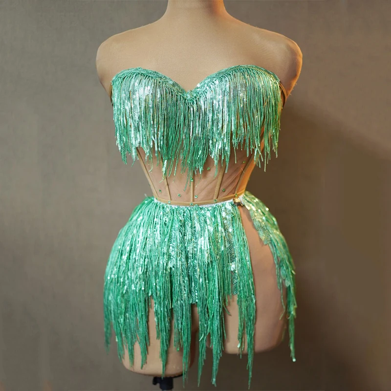 Women Drag Queen Costume Gogo Dancewear Sexy Stretch Green Sequins Fringed Bodysuit Pole Dance Dress Stage Rave Outfit 7832