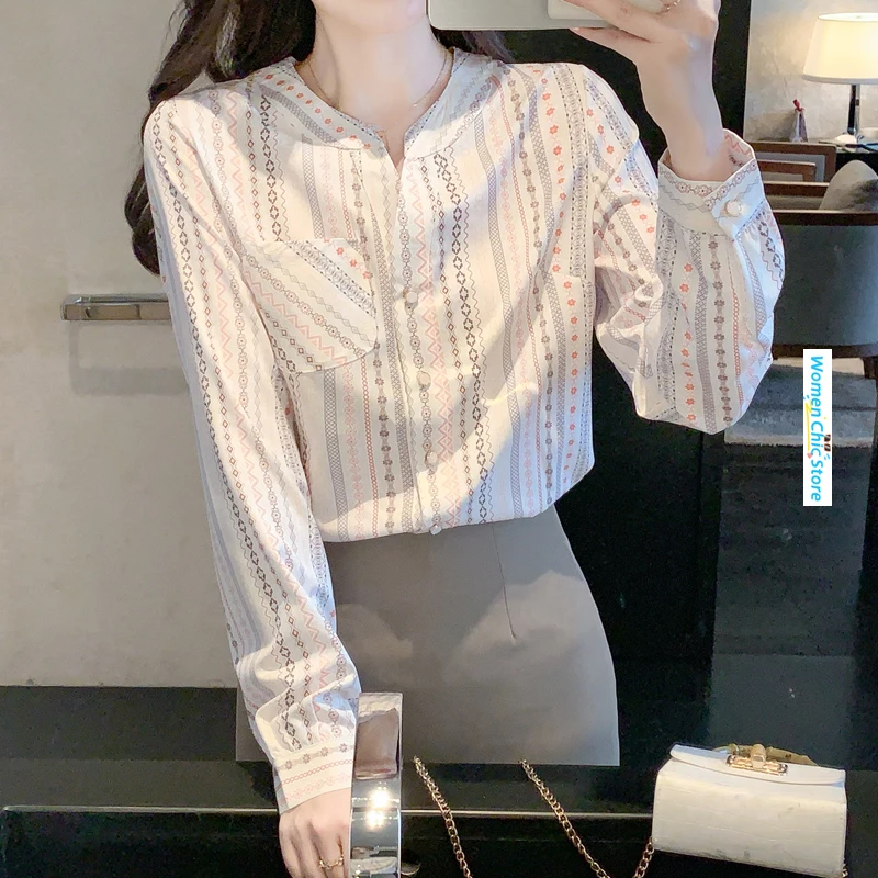 

French Style Elegant V-neck Long Sleeve Stripe Shirt Women Tops Spring Autumn Office Lady Chic Slim Casual Blouse Camisas 7063