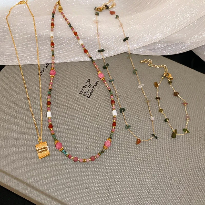 

Minar Handmade Multicolor Irregular Rhodochrosite Natural Stone Shell Beaded Necklace for Women 18K Gold Titanium Steel Chokers