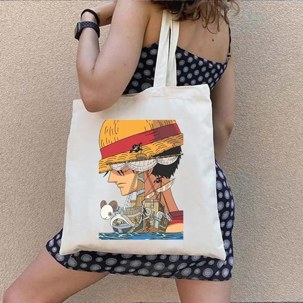 Women One Piece Canvas Bag Shoulder Handbag Tote Eco Shopper Reusable Cotton Shopping Bag Cute Anime Monkey D Luffy Roronoa Zoro