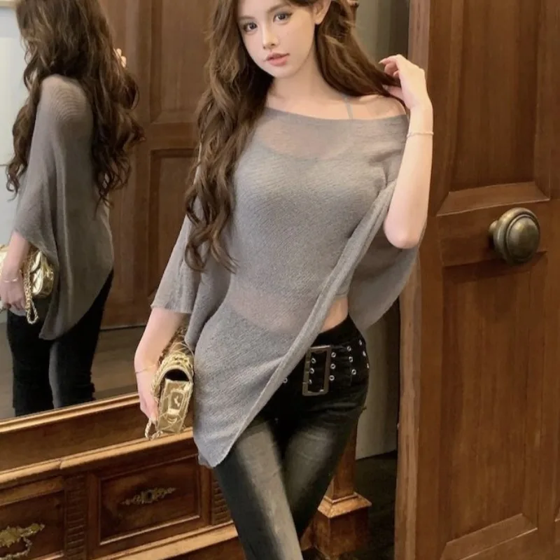 Irregular Knitted Pullovers Women Korean Clothing Slant Shoulder Seethrough Sexy Mujer Loose Cozy Retro Casual Summer Holiday