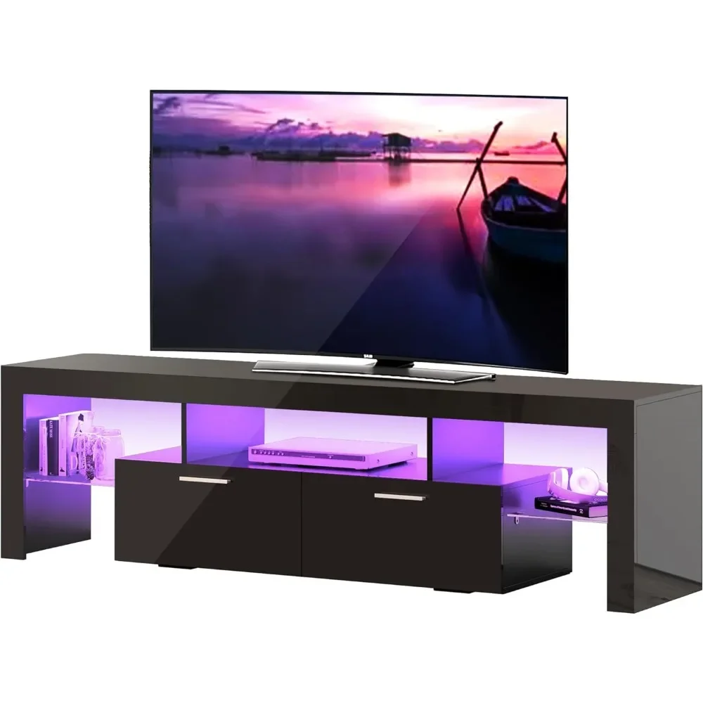 Soporte de TV LED de 70 pulgadas de largo con cajón de almacenamiento, consola de TV de madera con centro de entretenimiento de alto brillo para sala de estar