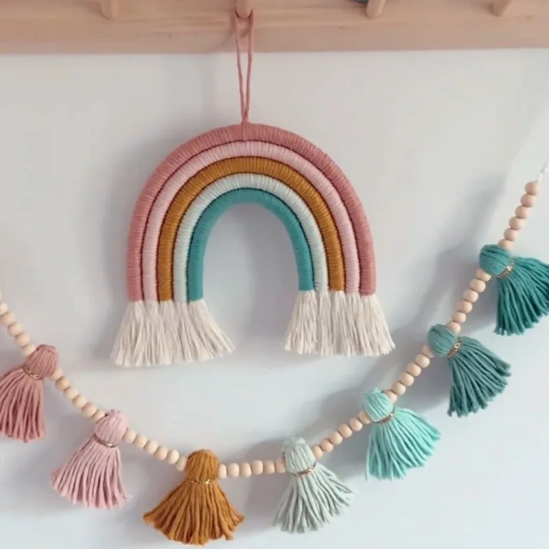 Nordic Wall Hanging Rainbow + Wood ead Tassel Banner Nursery Children\'s Room Decoration Ornaments  Home Wall Hanging Decor