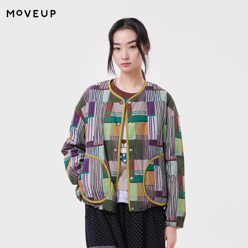MOVEUP Women's Winter Down Jacket FUN Series Colorful Stripe Check Daily Cropped Jacket 2026 New Casual Warm Outerwear 3ELD11203