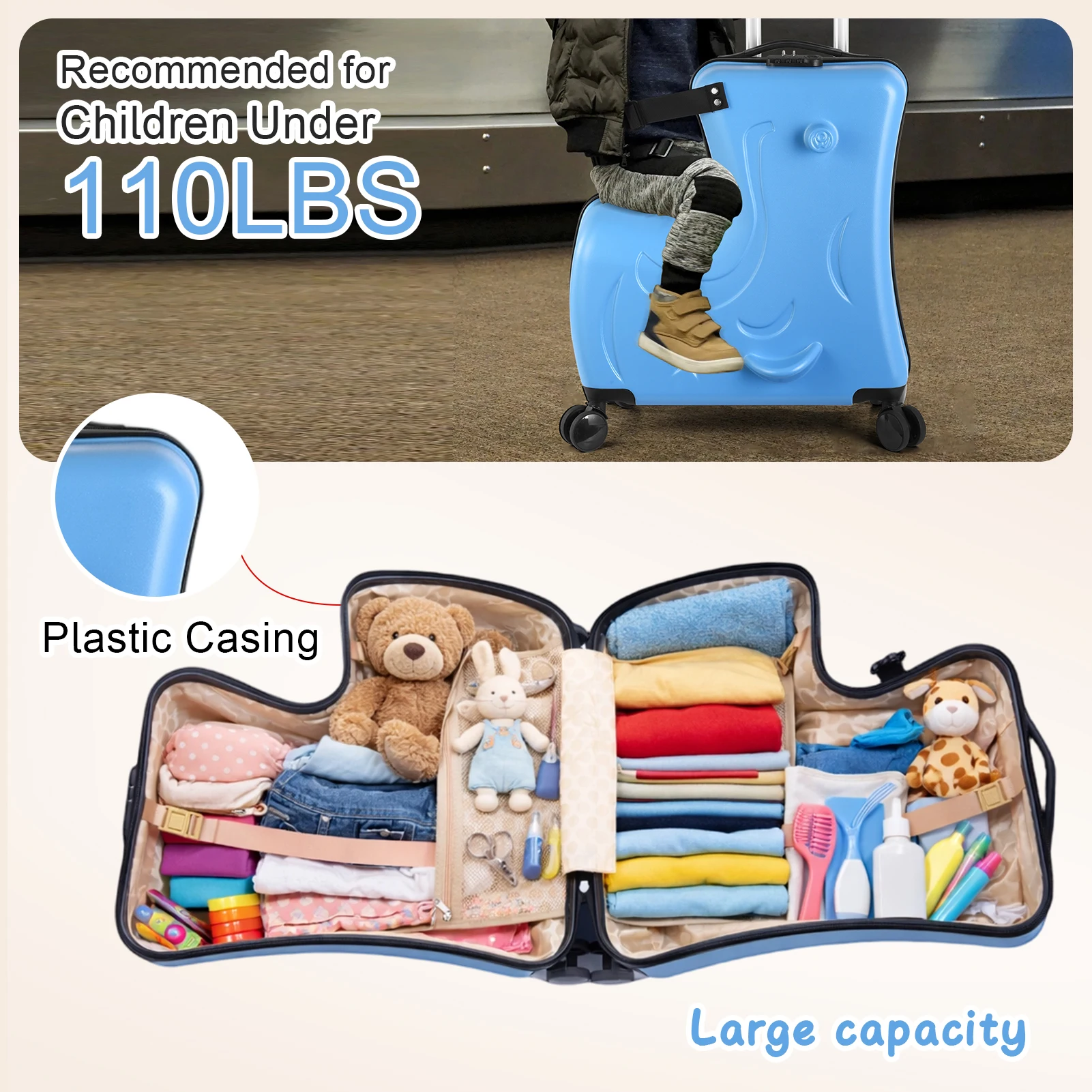 Kids Ride on Luggage for Toddler Boys Girls, 24 Inch Riding Suitcase Carry on Travel with Seat, Hard Shell Rideable Kids Suitcase with Safety Belt and 4 Spinner Wheels, Upgraded Matte Finish
