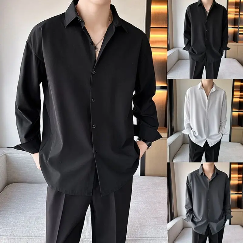 

Black Long Sleeve Men's Shirt Draped Style Casual Inner Wear Lightweight Comfortable Breathable Anti-Uv Quick Dry Loose Fit