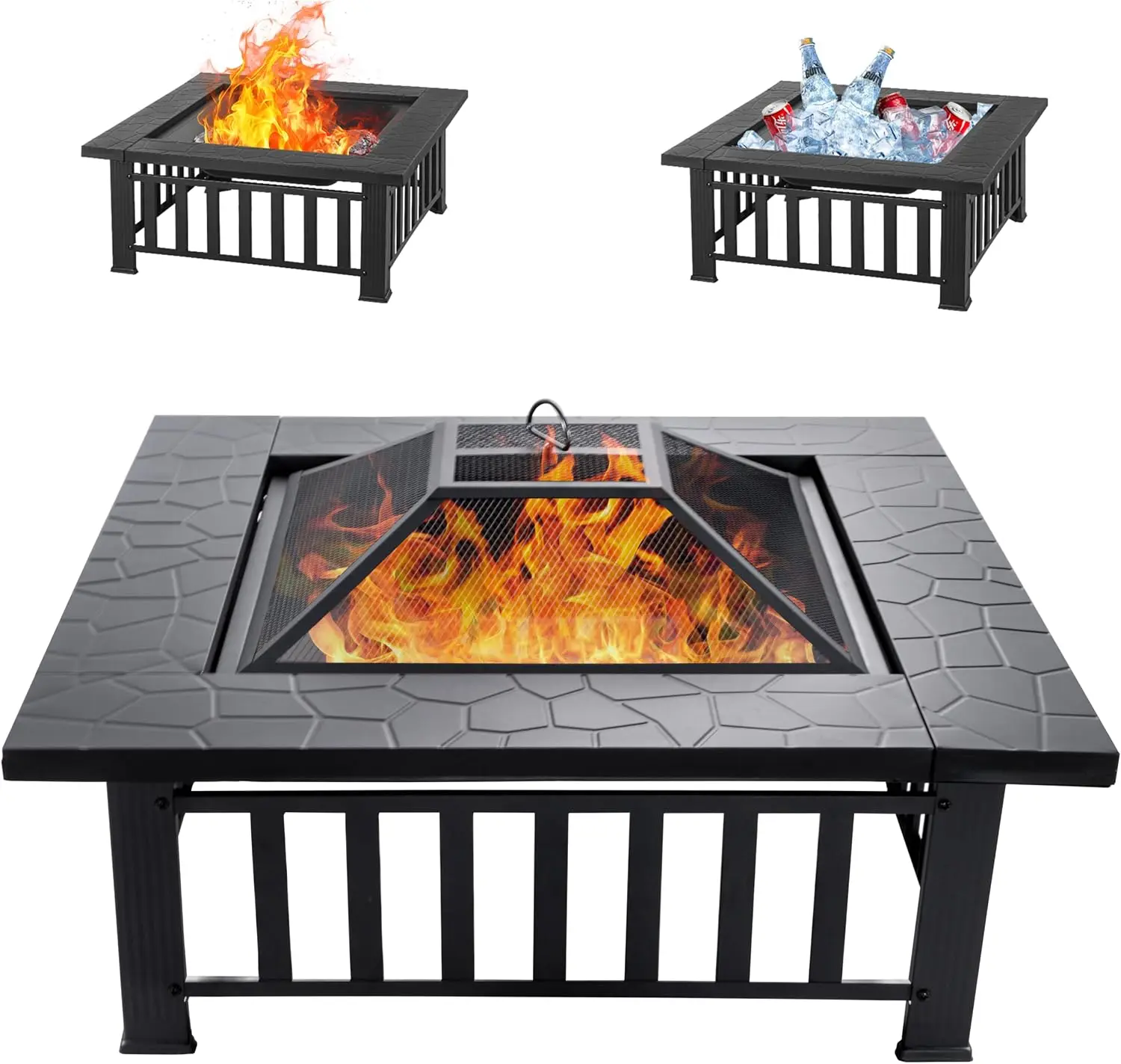 36 Inch Square Outdoor Fire Pit Table With Spark Screen Cover And Fire Poker 3 In 1 Multipurpose Firepit Table Barbecue Grill Ice Bucket Metal Patio Wood Burning Fireplace Black 1 Pack