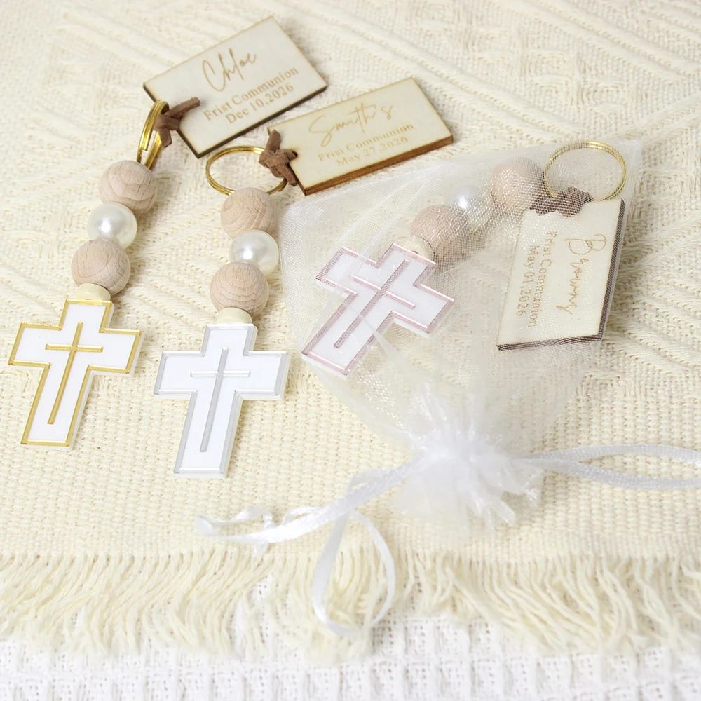 

10/20/50PCS Personalized Cross Baptism Keychains with Wood Name Tags Custom First First Communion Favors Mi Bautizo Christening