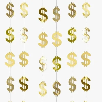 Gold Dollar Sign Hanging Garland, Metallic Money Symbol Streamer Curtain for Birthday Party Wall Decor view 5