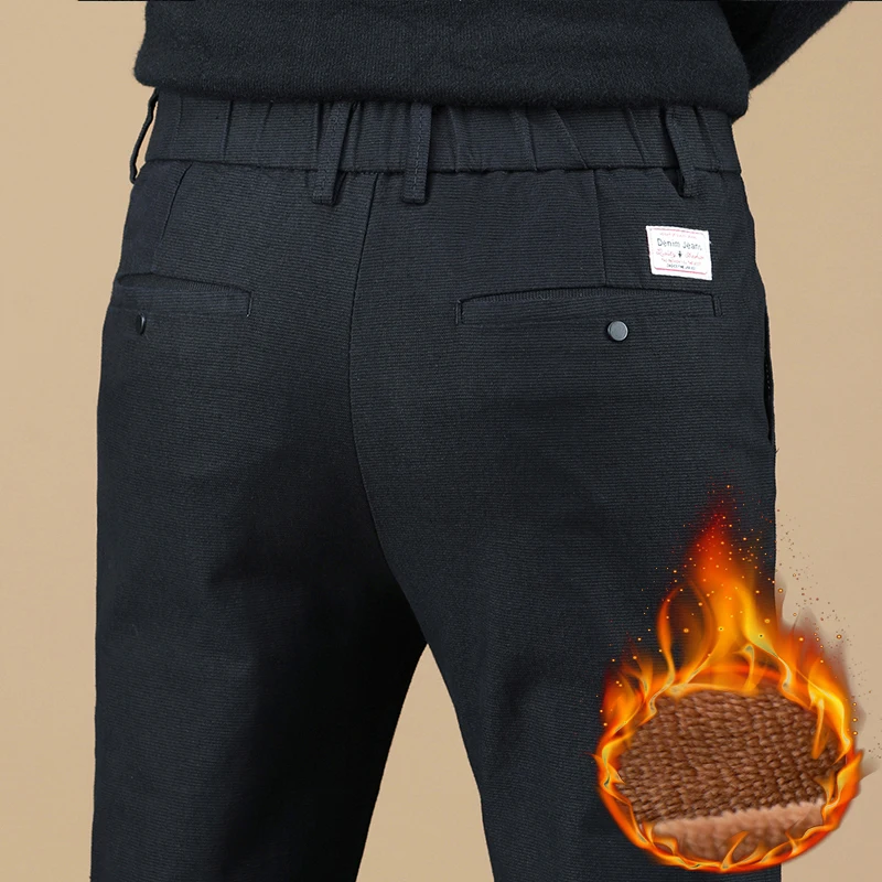 

Тонкие теплые зимние новые повседневные брюки, мужские флисовые модные эластичные толстые бархатные брюки, теплые мужские брендовые плюшевые брюки