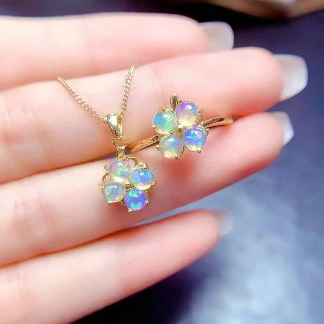 

Flower Style 100% Natural Real Opal Set 925 Sterling Silver 1pc Natural opal Ring,1pc Natural Opal Pendant