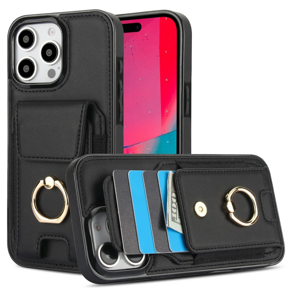 

Чехол-Кошелек с кольцом и держателем для карт, чехол для телефона с подставкой для iPhone 16, 15, 14, 11, Pro Max, X, XS, XR, 13, 12, Mini, 7, 8 Plus, защитный чехол