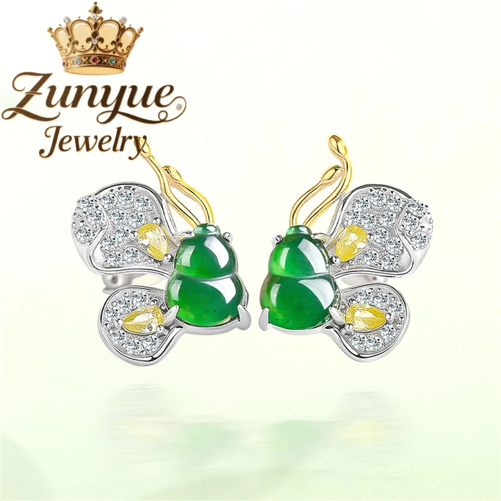 

S925 Серебряные инкрустированные натуральным жадеитом класса А, серьги-гвоздики с зеленой тыквой и бабочкой, модные украшения из ледяного нефрита, роскошный подарок на праздник