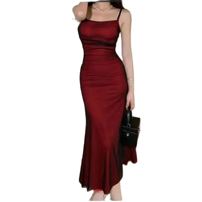 French Women's Sleeveless Bodycon Corset Maxi Dress Wine Red Spaghetti Strap Ruched Elegant Evening Party Long Vintage Dresses