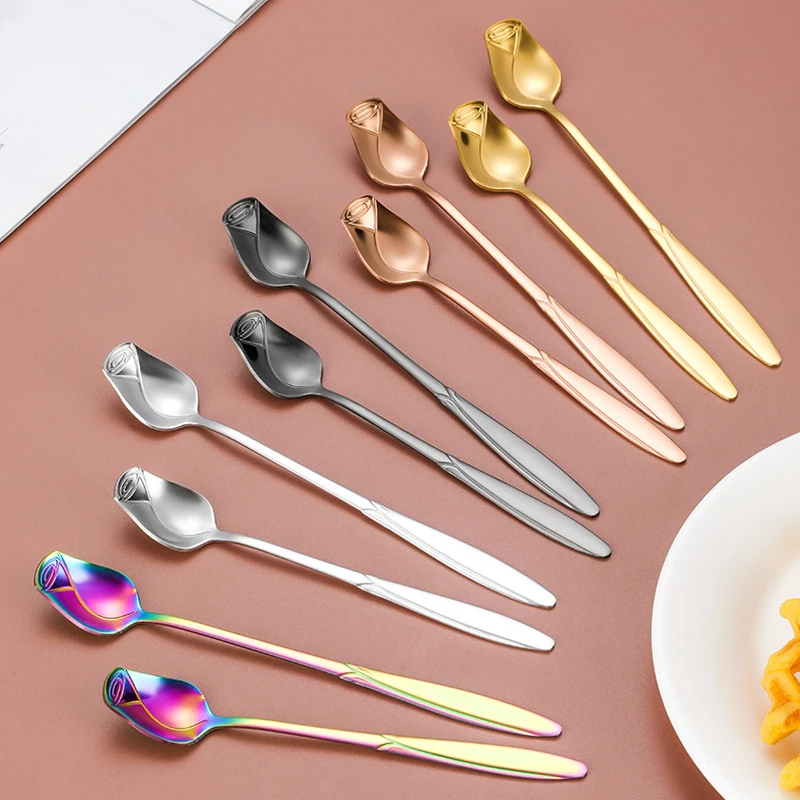 Stainless Steel Rose Dessert Tea Spoon Home Long Handle Teaspoon Small Honey Coffee Mixing Scoop Kitchen Tableware Supplies