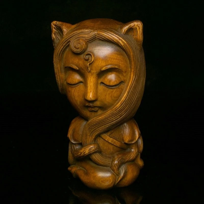 Hand Carved Wood closing eyes Beautiful woman goddess Statue Figurine Desktop Ornaments Home Decoration Crafts Tea Pet Decor